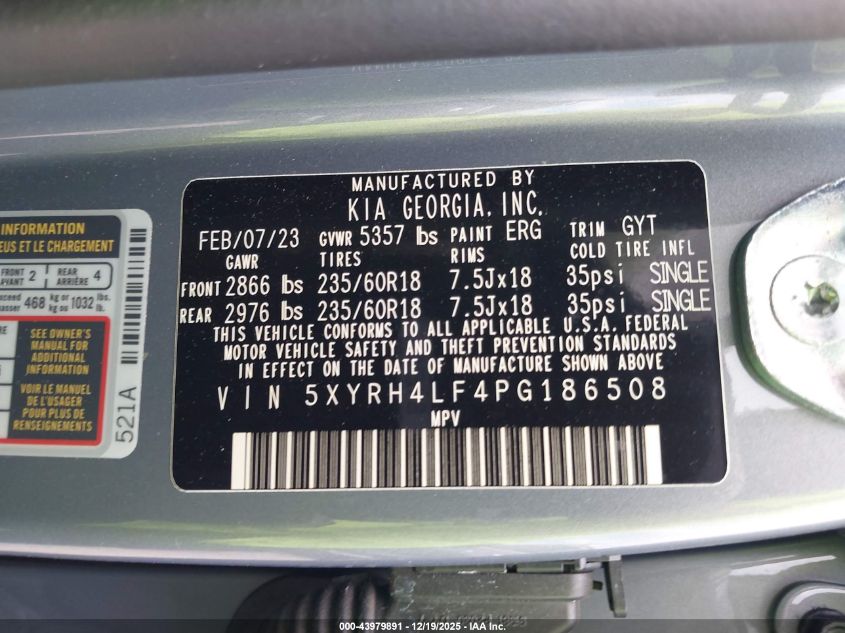 2023 Kia Sorento Ex VIN: 5XYRH4LF4PG186508 Lot: 43979891