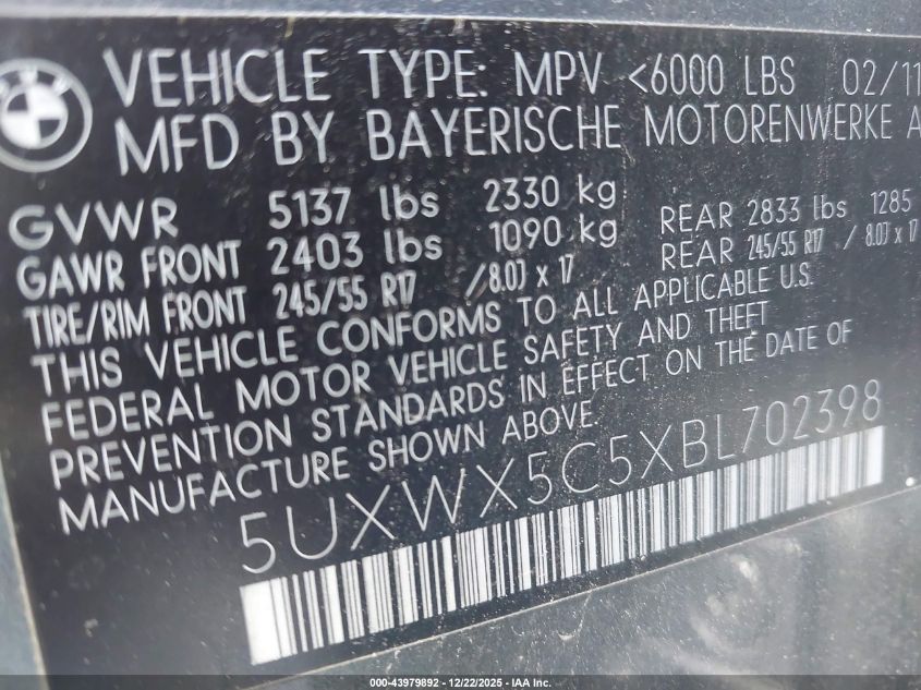 2011 BMW X3 xDrive28I VIN: 5UXWX5C5XBL702398 Lot: 43979892