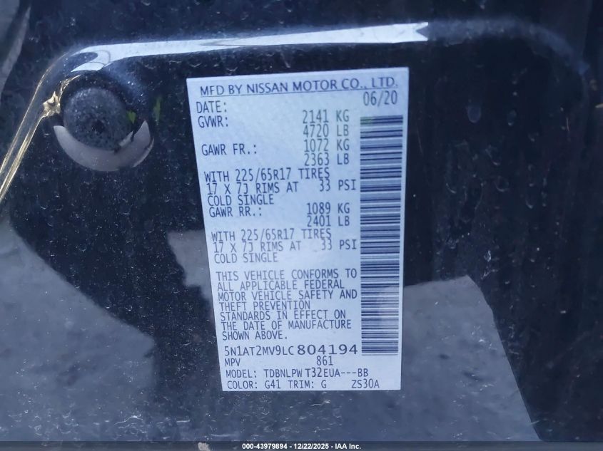 2020 Nissan Rogue S Intelligent Awd VIN: 5N1AT2MV9LC804194 Lot: 43979894