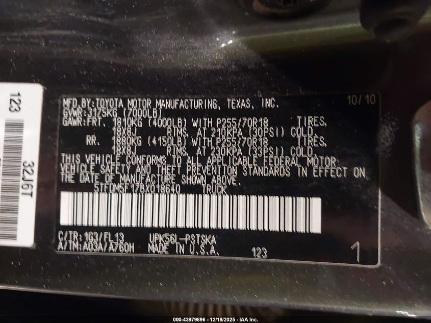 2011 Toyota Tundra Grade 4.6L V8 VIN: 5TFDM5F17BX018640 Lot: 43979896