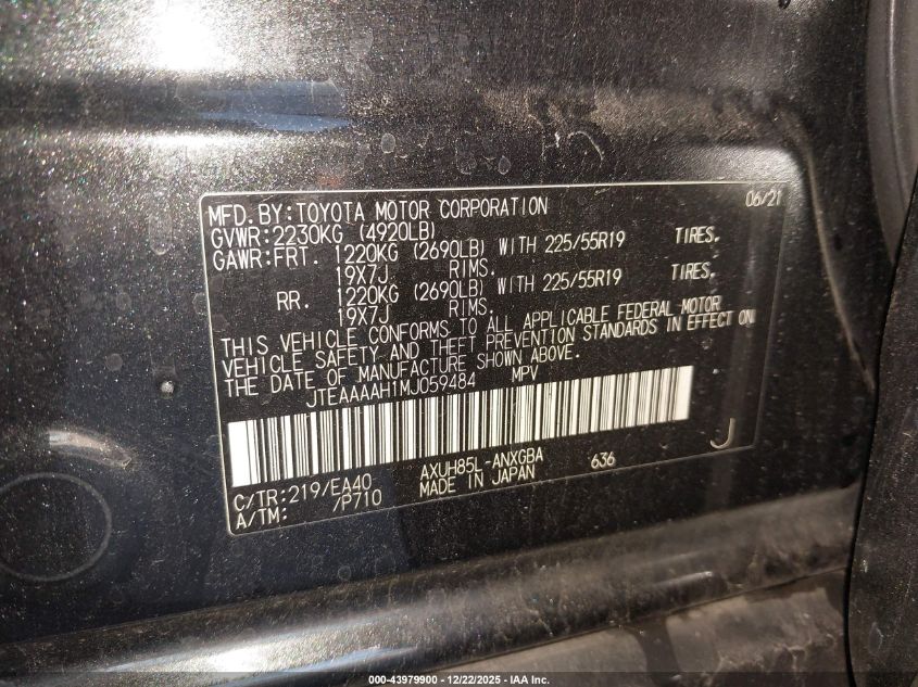 2021 Toyota Venza Xle VIN: JTEAAAAH1MJ059484 Lot: 43979900