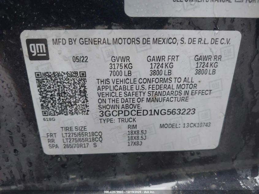 2022 Chevrolet Silverado 1500 4Wd Standard Bed Custom Trail Boss VIN: 3GCPDCED1NG563223 Lot: 43979903