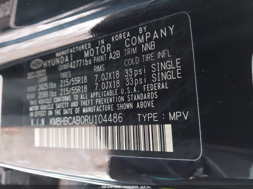 2024 Hyundai Kona Sel VIN: KM8HBCAB0RU104486 Lot: 43979905