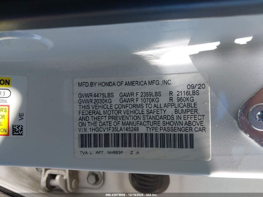 2020 Honda Accord Sport VIN: 1HGCV1F35LA145248 Lot: 43979906