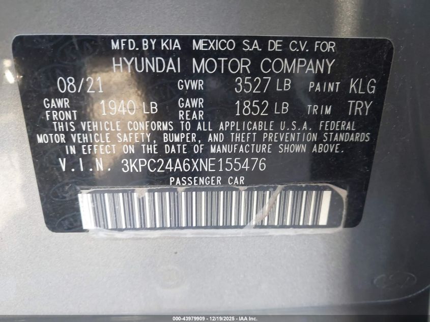 2022 Hyundai Accent Se VIN: 3KPC24A6XNE155476 Lot: 43979909