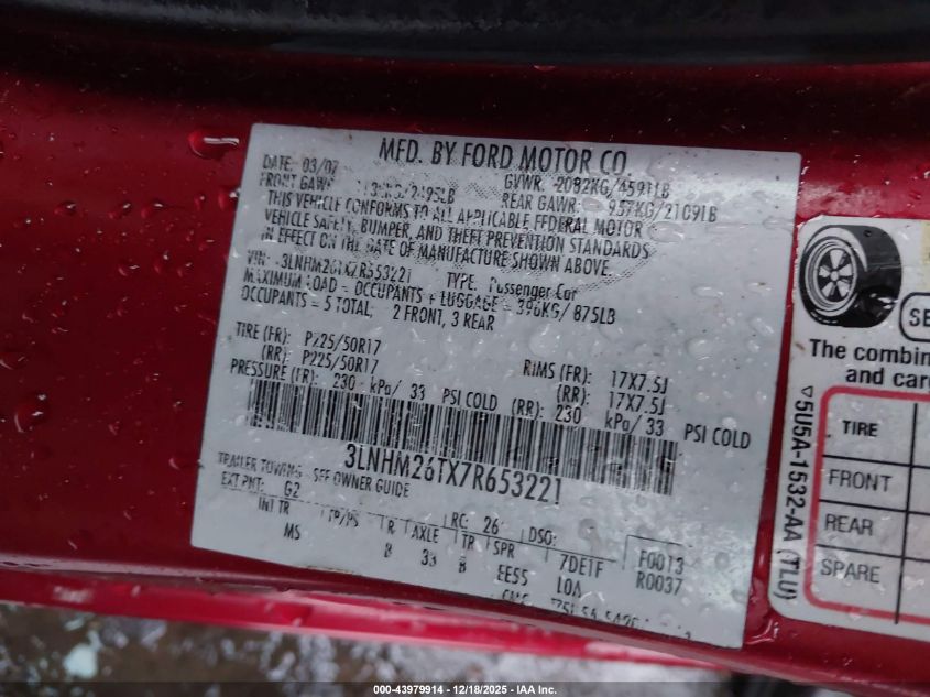 2007 Lincoln Mkz VIN: 3LNHM26TX7R653221 Lot: 43979914