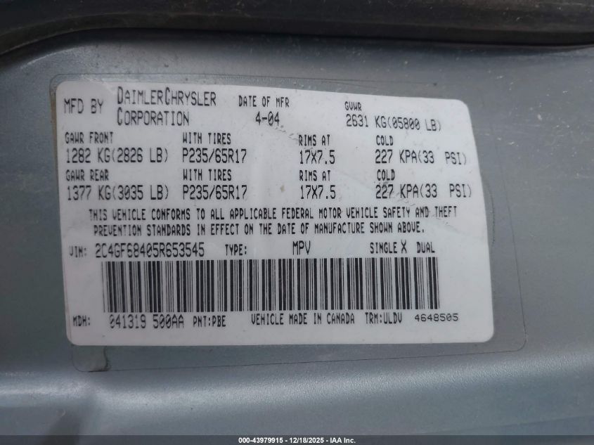 2005 Chrysler Pacifica Touring VIN: 2C4GF68405R653545 Lot: 43979915