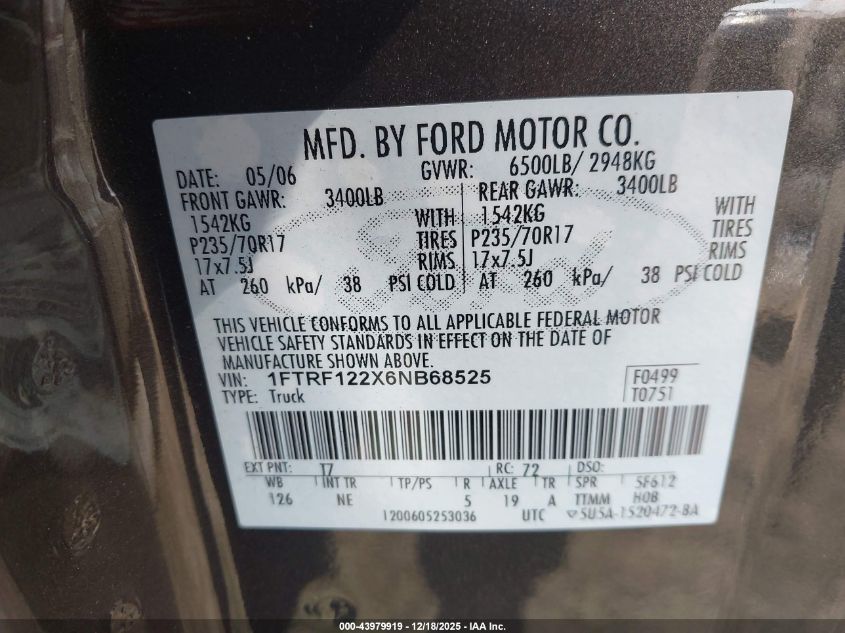 2006 Ford F-150 Stx/Xl/Xlt VIN: 1FTRF122X6NB68525 Lot: 43979919