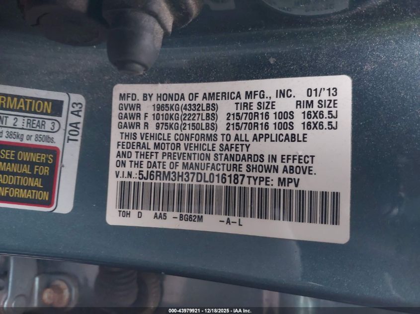 2013 Honda Cr-V Lx VIN: 5J6RM3H37DL016187 Lot: 43979921