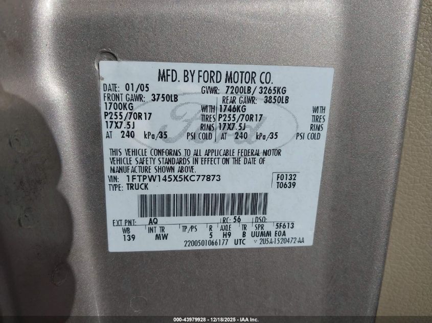 2005 Ford F-150 Fx4/Lariat/Xlt VIN: 1FTPW145X5KC77873 Lot: 43979928