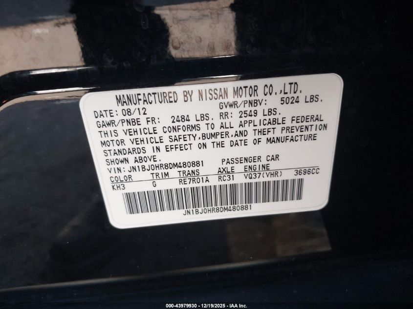 2013 Infiniti Ex37 Journey VIN: JN1BJ0HR8DM480881 Lot: 43979930