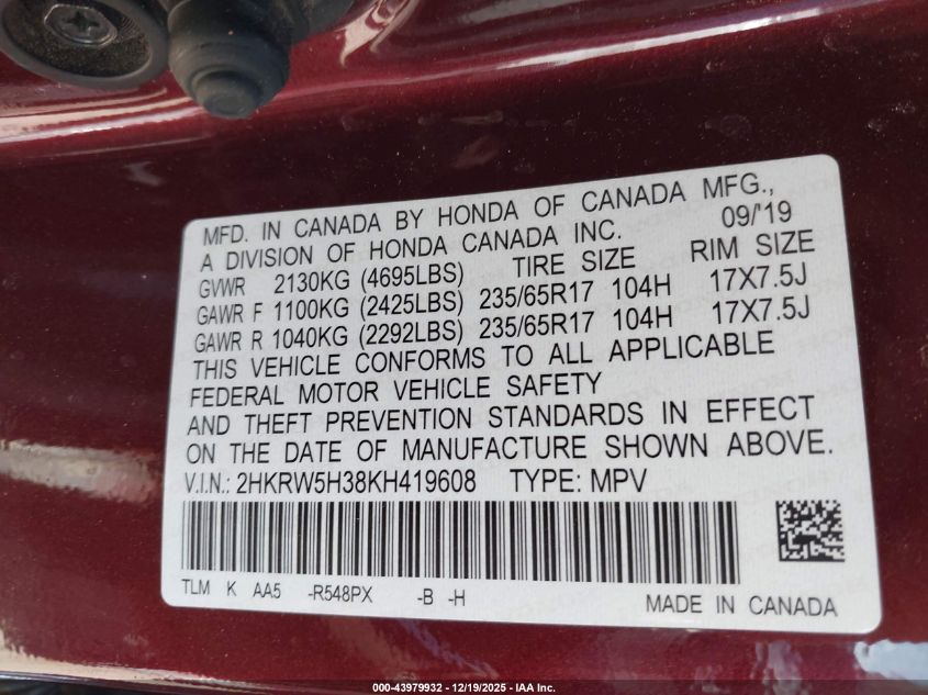2019 Honda Cr-V Lx VIN: 2HKRW5H38KH419608 Lot: 43979932