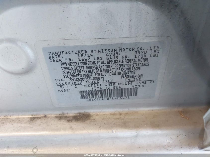 2015 Nissan Versa Note S (Sr)/S Plus/Sl/Sr/Sv VIN: 3N1CE2CP8FL405671 Lot: 43979934