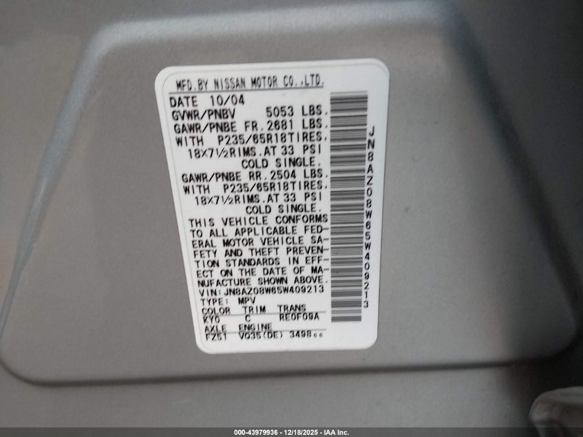 2005 Nissan Murano Se VIN: JN8AZ08W65W409213 Lot: 43979936