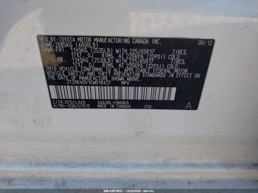 2012 Toyota Rav4 Limited V6 VIN: 2T3YK4DV1CW016427 Lot: 43979937