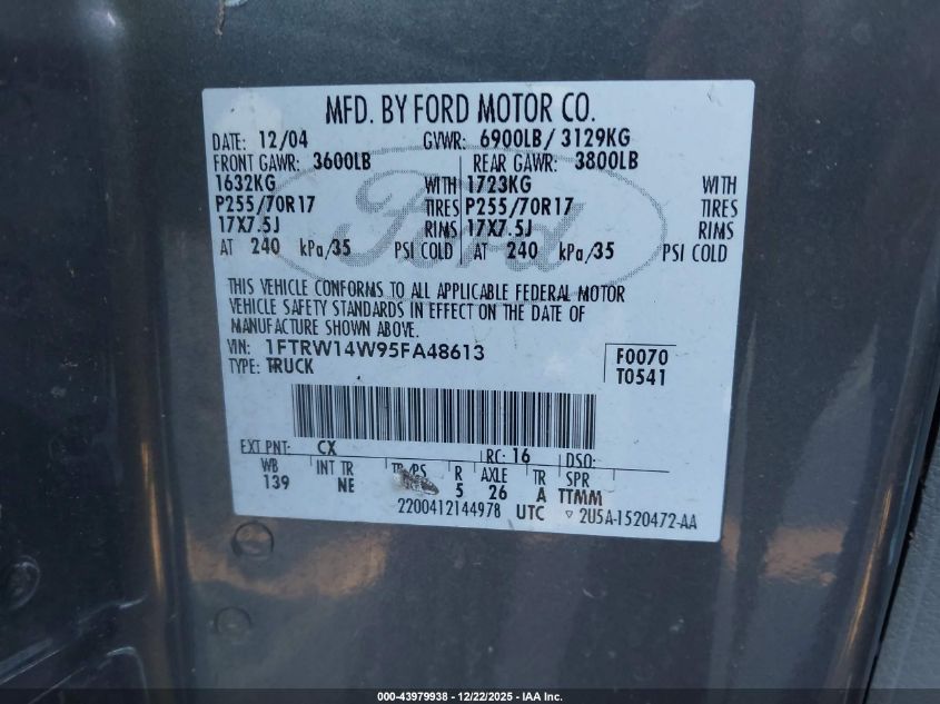 2005 Ford F-150 Xlt VIN: 1FTRW14W95FA48613 Lot: 43979938