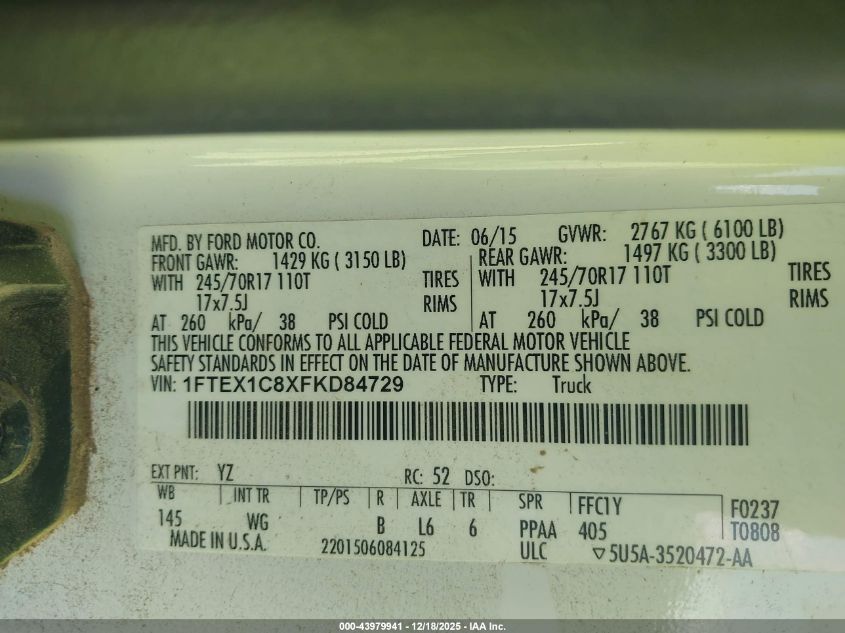 2015 Ford F-150 Xl VIN: 1FTEX1C8XFKD84729 Lot: 43979941