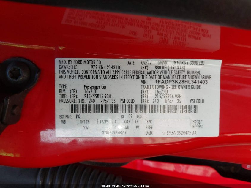 2017 Ford Focus Se VIN: 1FADP3K28HL341403 Lot: 43979943