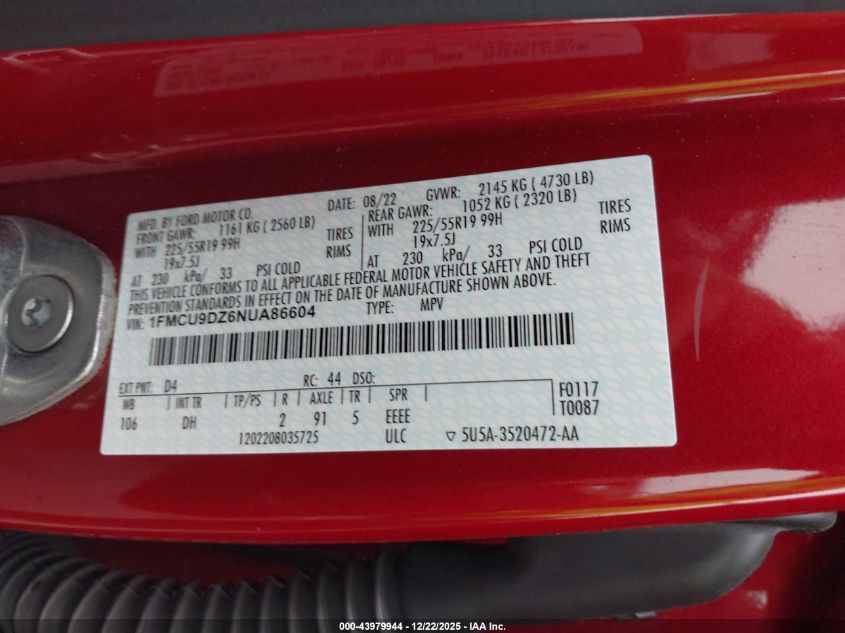 2022 Ford Escape Titanium Hybrid VIN: 1FMCU9DZ6NUA86604 Lot: 43979944