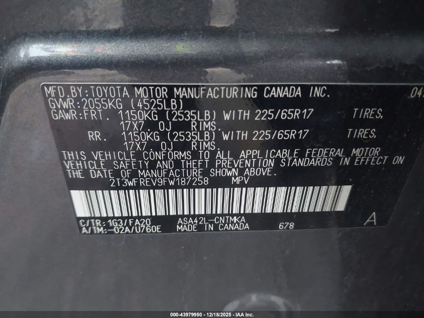 2015 Toyota Rav4 Xle VIN: 2T3WFREV9FW187258 Lot: 43979950