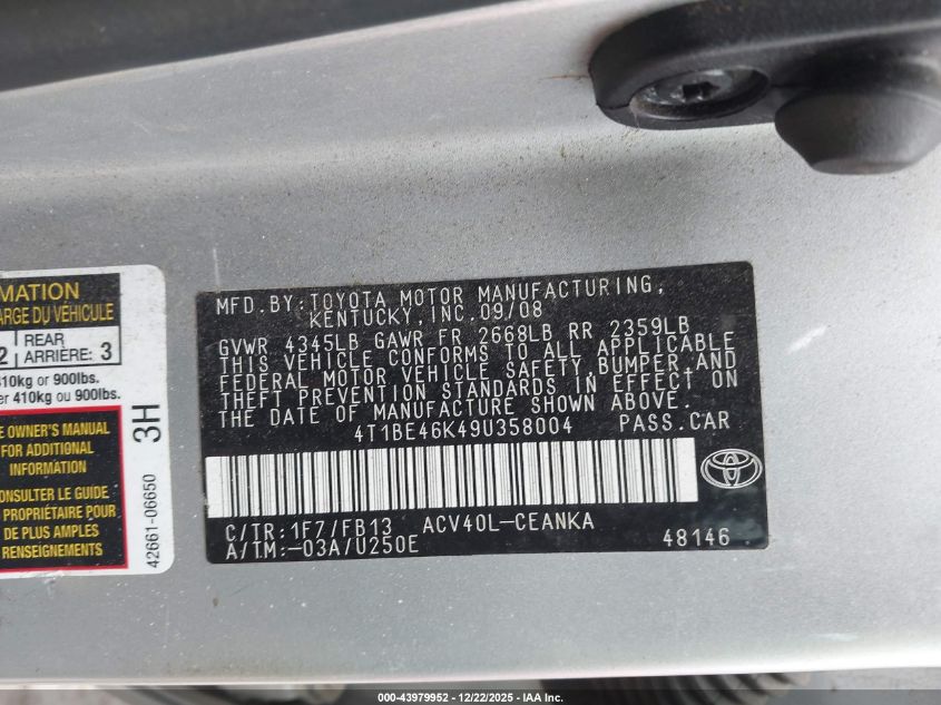 2009 Toyota Camry Le VIN: 4T1BE46K49U358004 Lot: 43979952