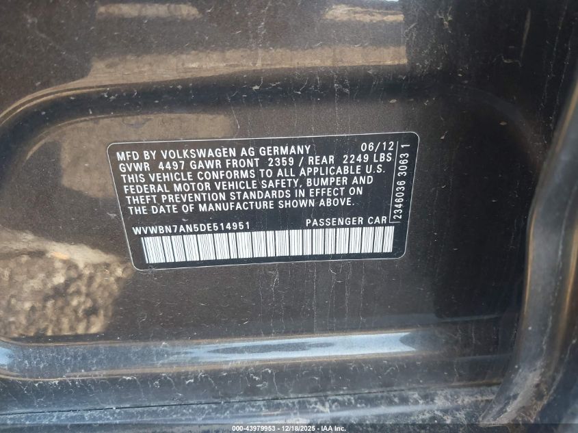 2013 Volkswagen Cc 2.0T Sport VIN: WVWBN7AN5DE514951 Lot: 43979953