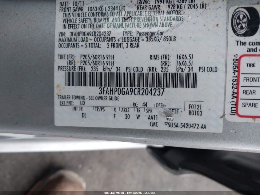 2012 Ford Fusion S VIN: 3FAHP0GA9CR204237 Lot: 43979958