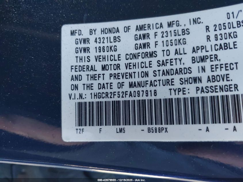 2015 Honda Accord Sport VIN: 1HGCR2F52FA097918 Lot: 43979959