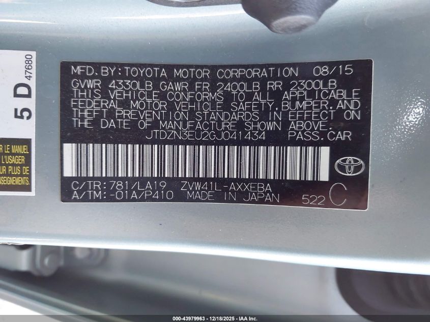 2016 Toyota Prius V Four VIN: JTDZN3EU2GJ041434 Lot: 43979963