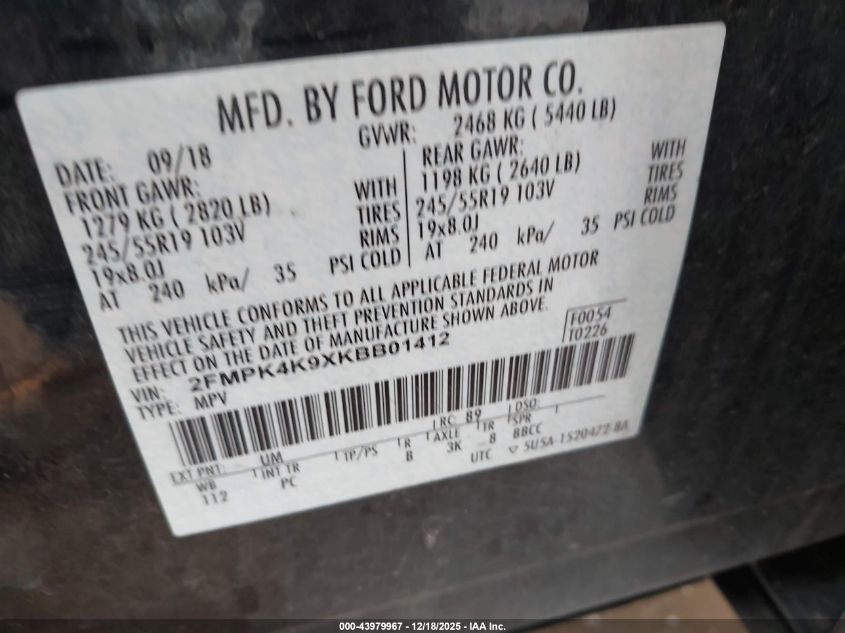 2019 Ford Edge Titanium VIN: 2FMPK4K9XKBB01412 Lot: 43979967