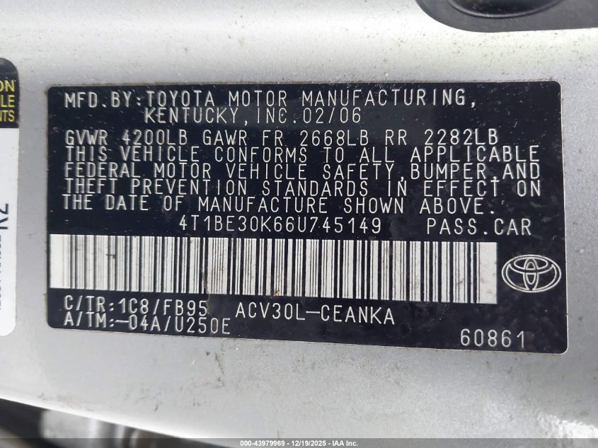 2006 Toyota Camry Le VIN: 4T1BE30K66U745149 Lot: 43979969