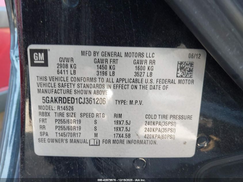 2012 Buick Enclave Premium VIN: 5GAKRDED1CJ361206 Lot: 43979976