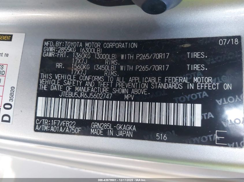 2018 Toyota 4Runner Limited/Sr5/Sr5 Premium/Trd Off Road/Trd Off Road Premium/Trd Pro VIN: JTEBU5JR6J5602747 Lot: 43979981