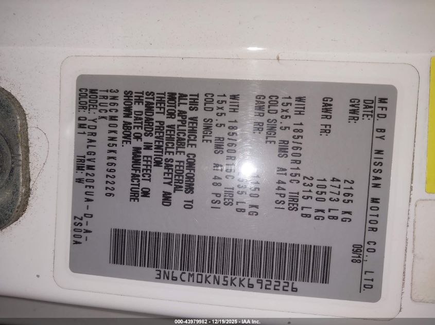 2019 Nissan Nv200 Sv VIN: 3N6CM0KN5KK692226 Lot: 43979982