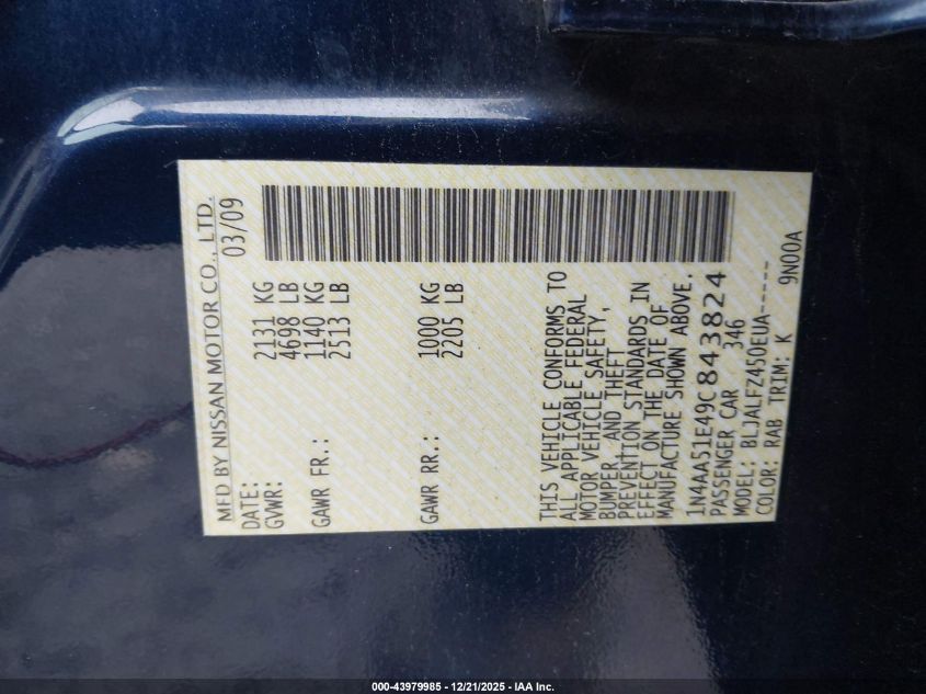 2009 Nissan Maxima 3.5 Sv VIN: 1N4AA51E49C843824 Lot: 43979985