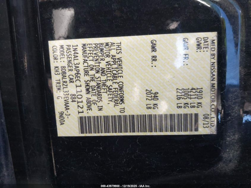 2014 Nissan Altima 2.5 S VIN: 1N4AL3AP6EC110121 Lot: 43979988