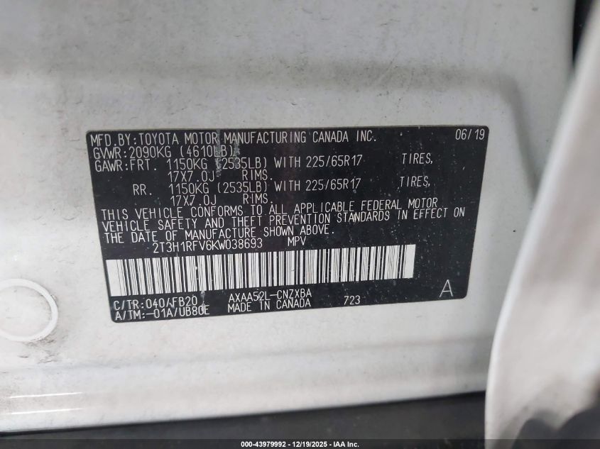 2019 Toyota Rav4 Le VIN: 2T3H1RFV6KW038693 Lot: 43979992