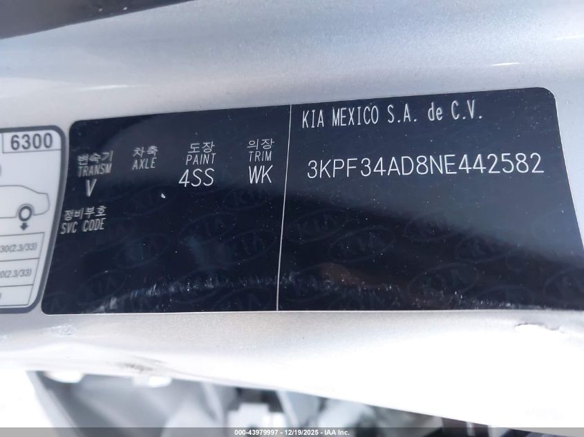 2022 Kia Forte Ex/Ex Premium/Ex+/Gt-Line VIN: 3KPF34AD8NE442582 Lot: 43979997