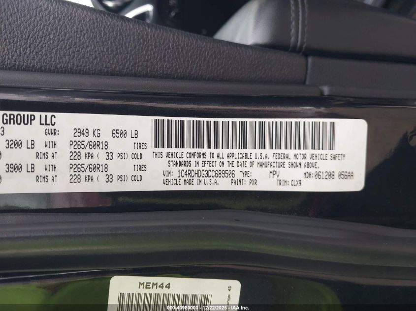 2013 Dodge Durango Crew VIN: 1C4RDHDG3DC689506 Lot: 43980000