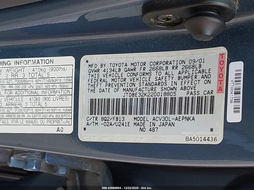 2002 Toyota Camry Le VIN: JTDBE32K220018805 Lot: 43980004