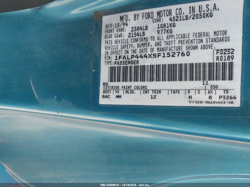1995 Ford Mustang VIN: 1FALP444XSF152760 Lot: 43980010