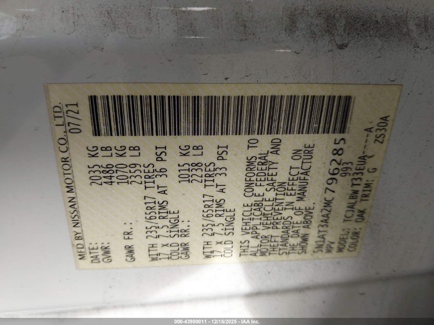 2021 Nissan Rogue S Fwd VIN: 5N1AT3AA2MC796285 Lot: 43980011