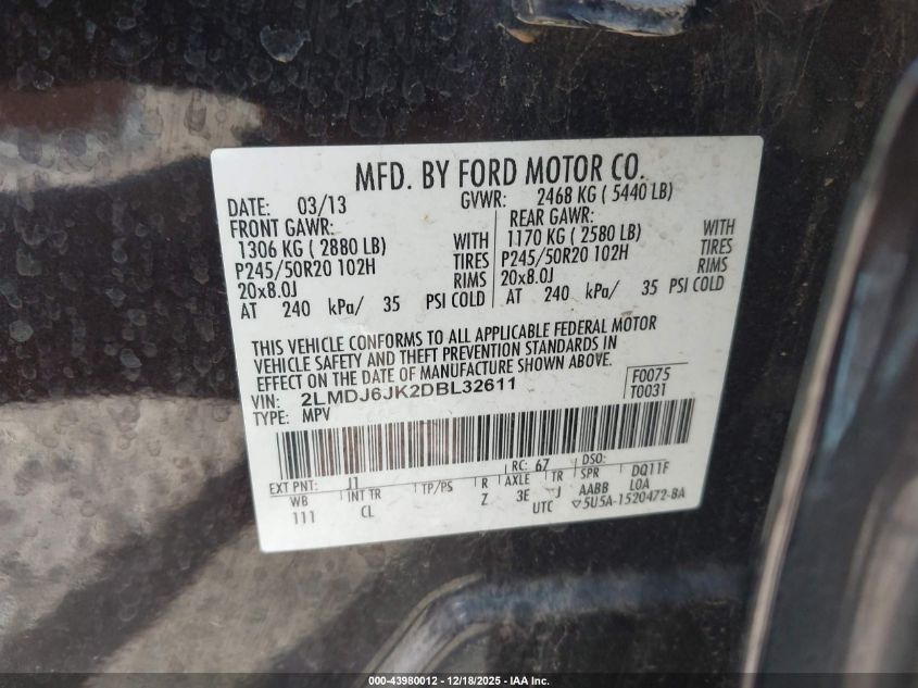 2013 Lincoln Mkx VIN: 2LMDJ6JK2DBL32611 Lot: 43980012