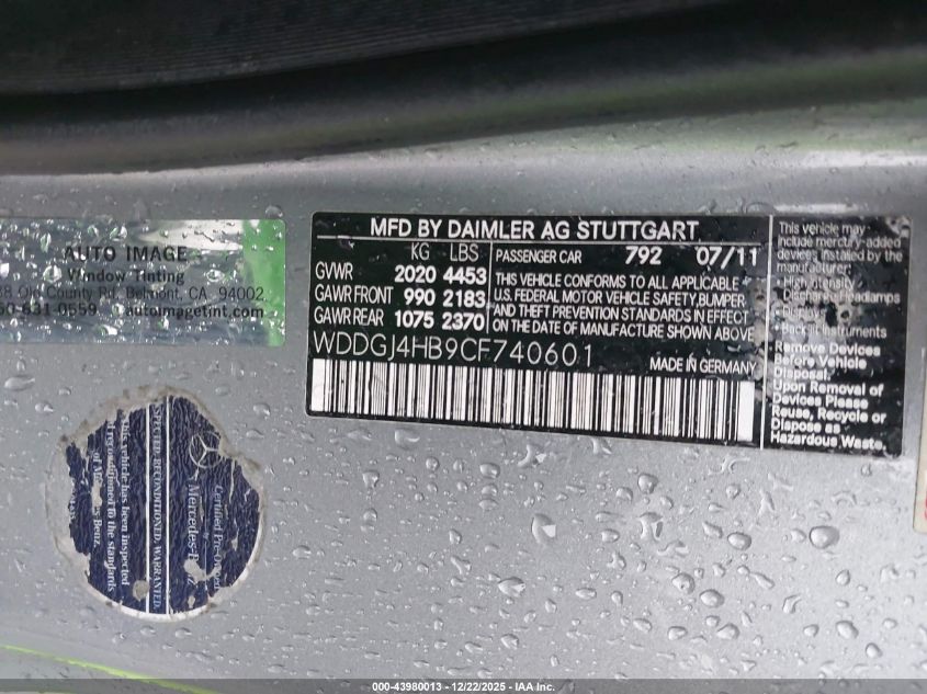 2012 Mercedes-Benz C 250 VIN: WDDGJ4HB9CF740601 Lot: 43980013