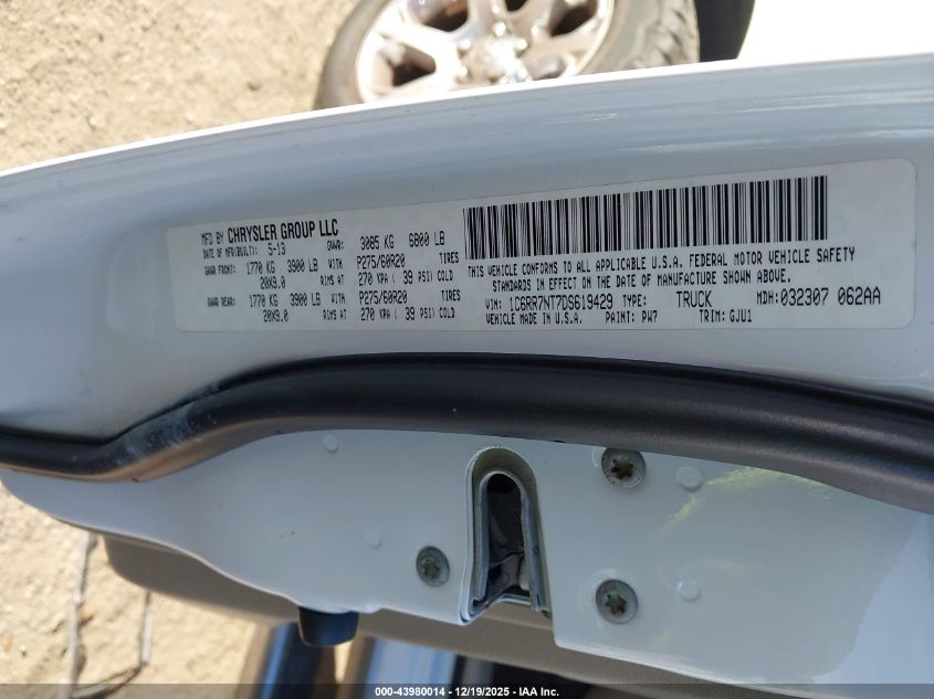 2013 Ram 1500 Laramie VIN: 1C6RR7NT7DS619429 Lot: 43980014