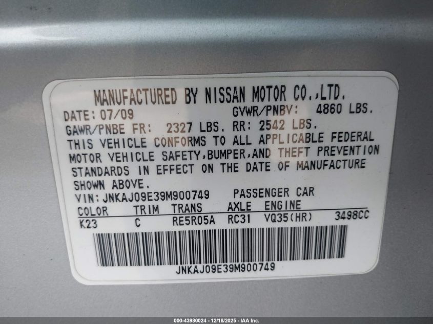 2009 Infiniti Ex35 VIN: JNKAJ09E39M900749 Lot: 43980024