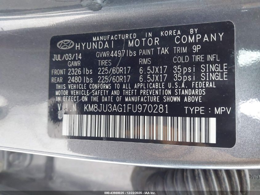 2015 Hyundai Tucson Se VIN: KM8JU3AG1FU970281 Lot: 43980025