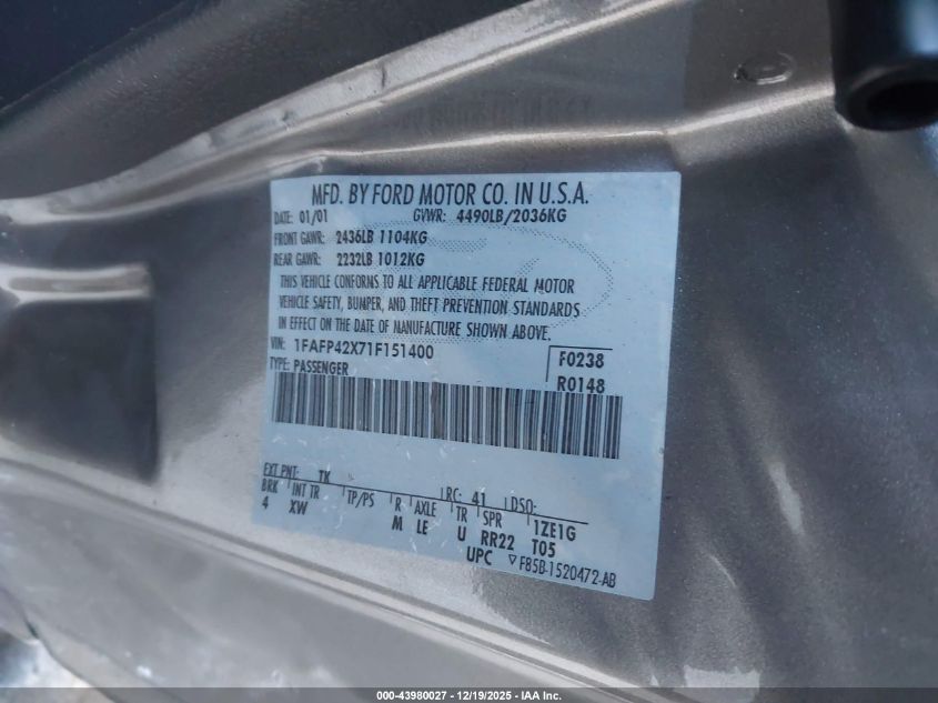 2001 Ford Mustang Gt VIN: 1FAFP42X71F151400 Lot: 43980027
