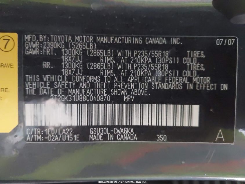 2008 Lexus Rx 350 VIN: 2T2GK31U88C040870 Lot: 43980029