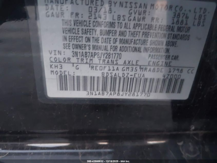2018 Nissan Sentra Sv VIN: 3N1AB7AP8JY281770 Lot: 43980032